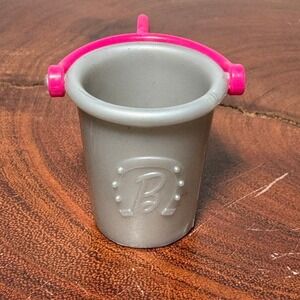Barbie Doll Accessory Silver Horseshoe B Logo Bucket Pink Handle Equestrian Toy